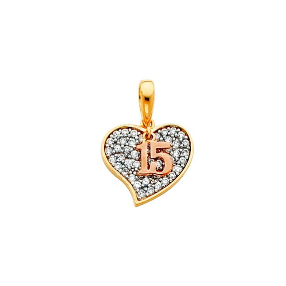14k Yellow Gold Cubic Zirconia Quinceanera Sweet 15 Years Love Heart Pendant Necklace 15x15mm Pendant for Women