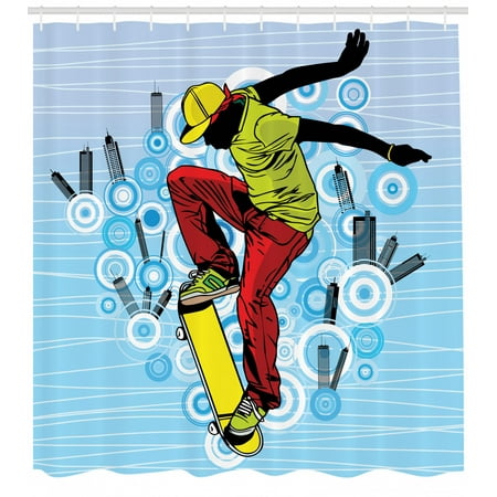 Youth Shower Curtain Teenager Playing Skateboard On Street With