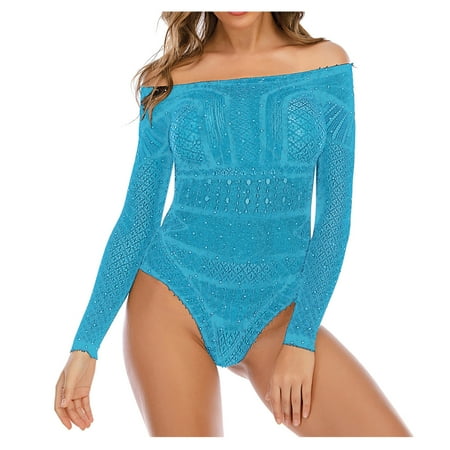 GZWYHT Bodysuits for Women Clearance Lingerie for Women Women Sexy Net Dress Drilling Skirt Fashion Long Sleeve Jumpsuit Underwear Bra Babydoll Lingerie Fishnet Lingerie  Blue One Size