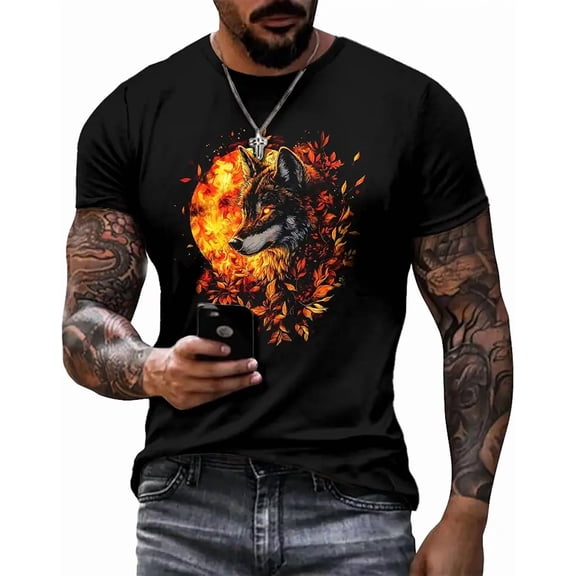 Men's Graphic Wolf Fire Moon Short Sleeve T-Shirt