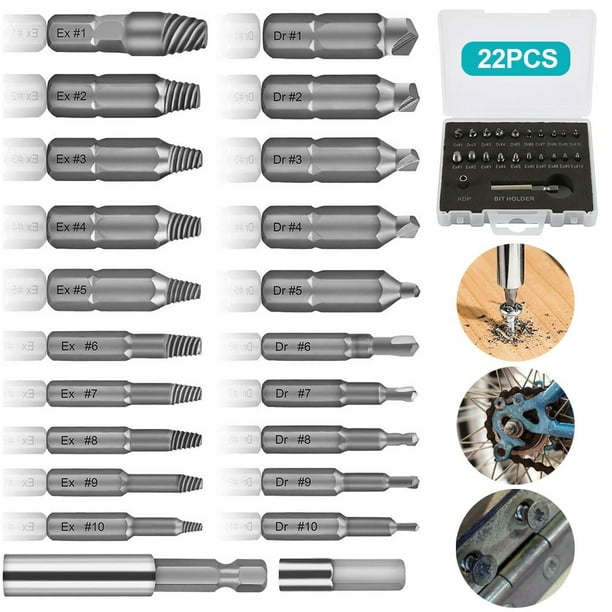 22PCS Damaged Screw Extractor Breakage Bolt Extractor Drill Bits Guide