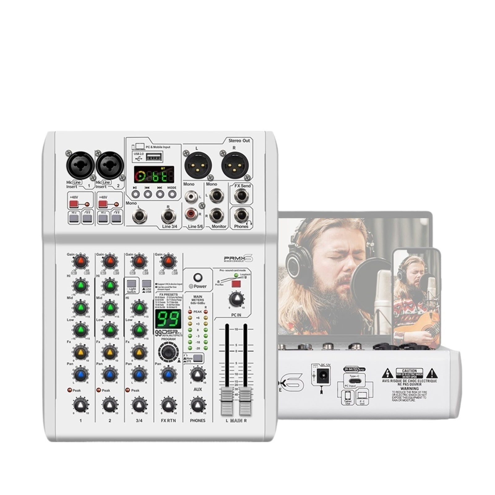 Mixer DJ Console 99 DSP Effects Mixing Console PRMX-6 With 5.0 BT 24bit/192k For Recording Musical Instrument ,Easy to Operate