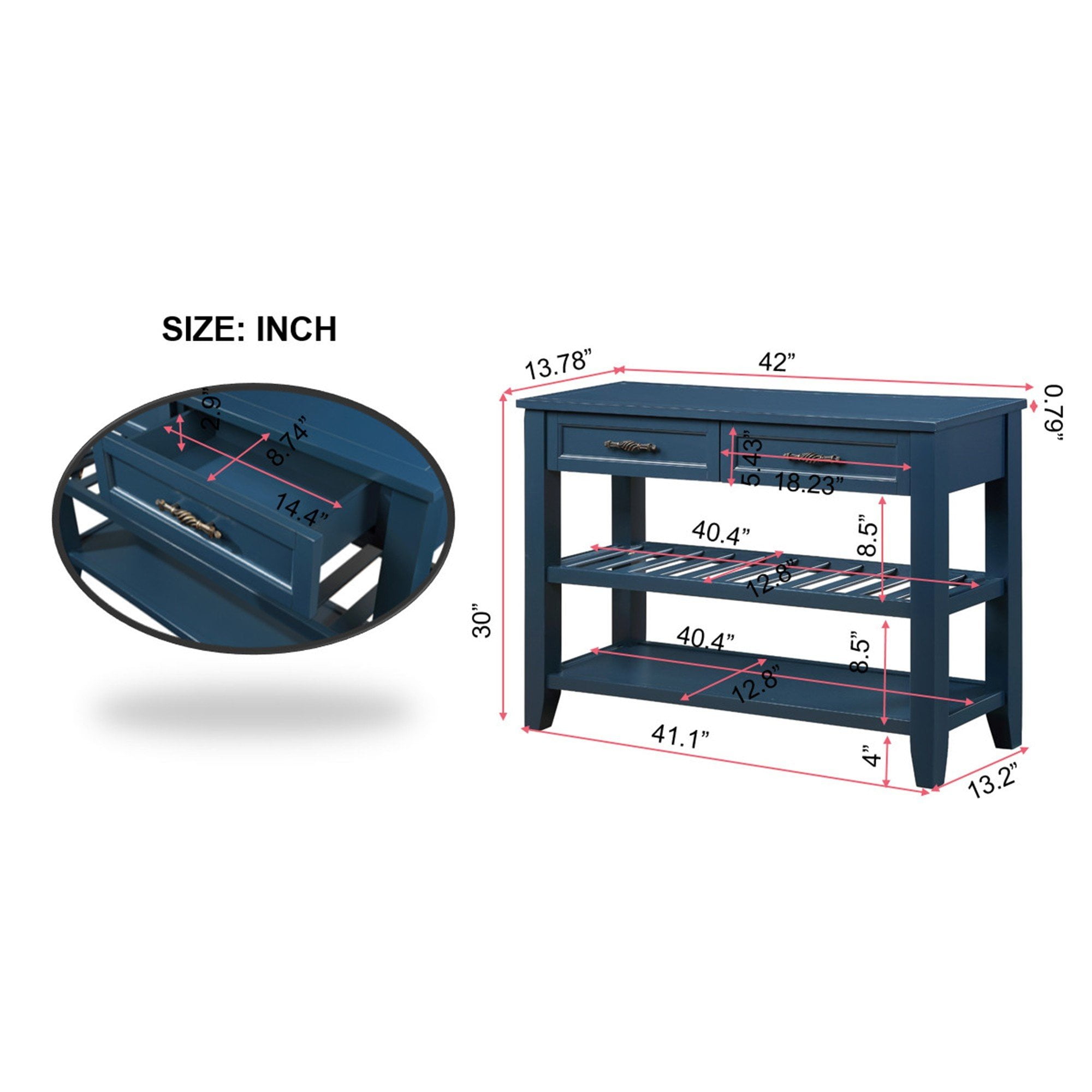 42 inch Solid Wood Mid-Century Console Table with 2 Drawers & Shelves – Entryway Sofa Table, Sideboard, Navy Blue