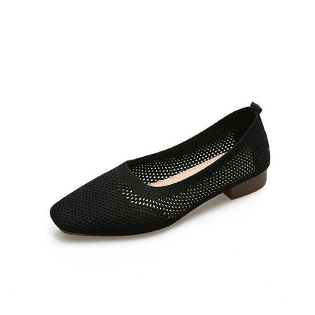 

Square toe single-layer shoes for women spring and summer new soft bottom breathable slip-on knitted mid heel breathable flying woven peas shoes