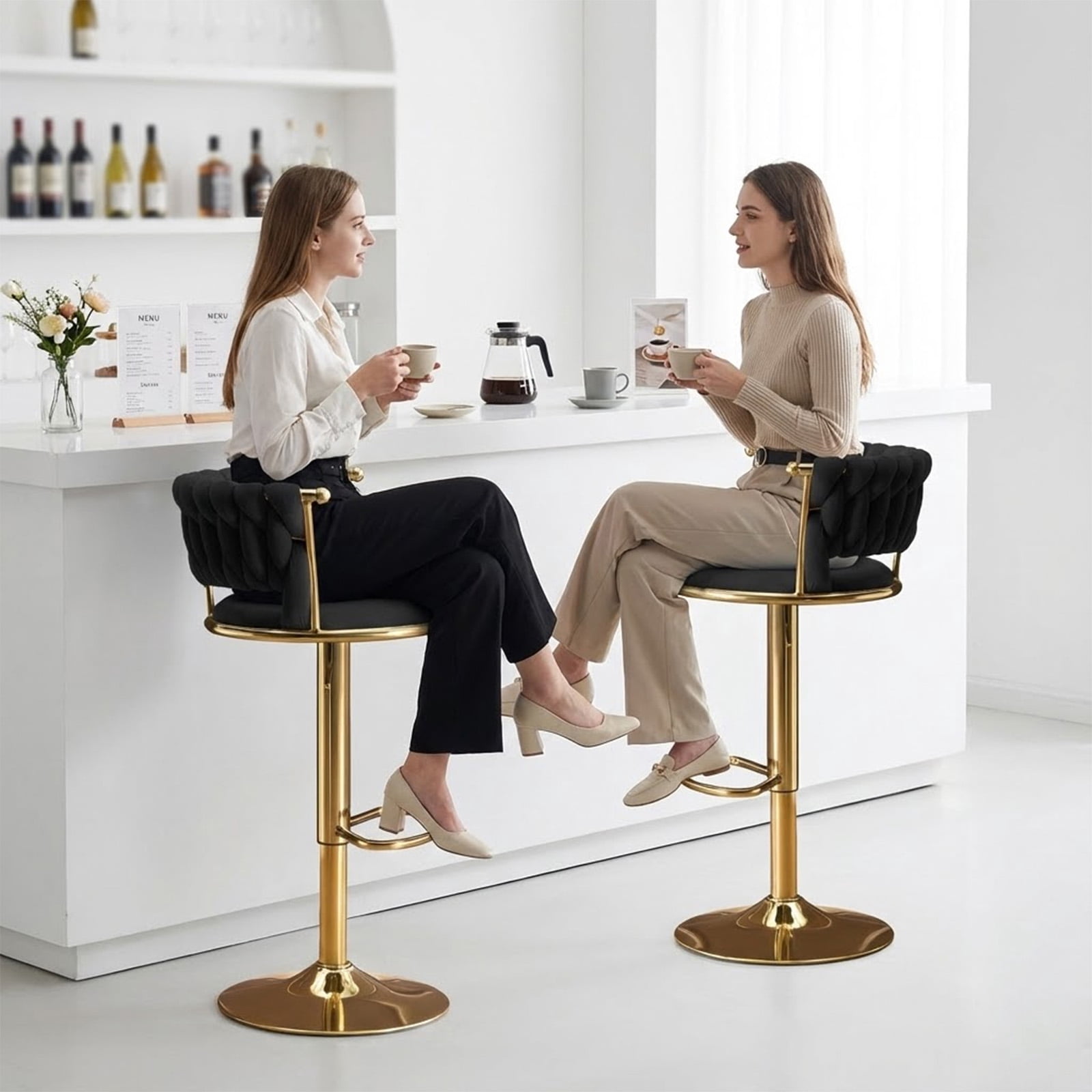 Velvet Swivel Bar Stools Set of 6, Adjustable Height Barstools with Woven Back and Footrest for Kitchen Island, Dining Room, Black