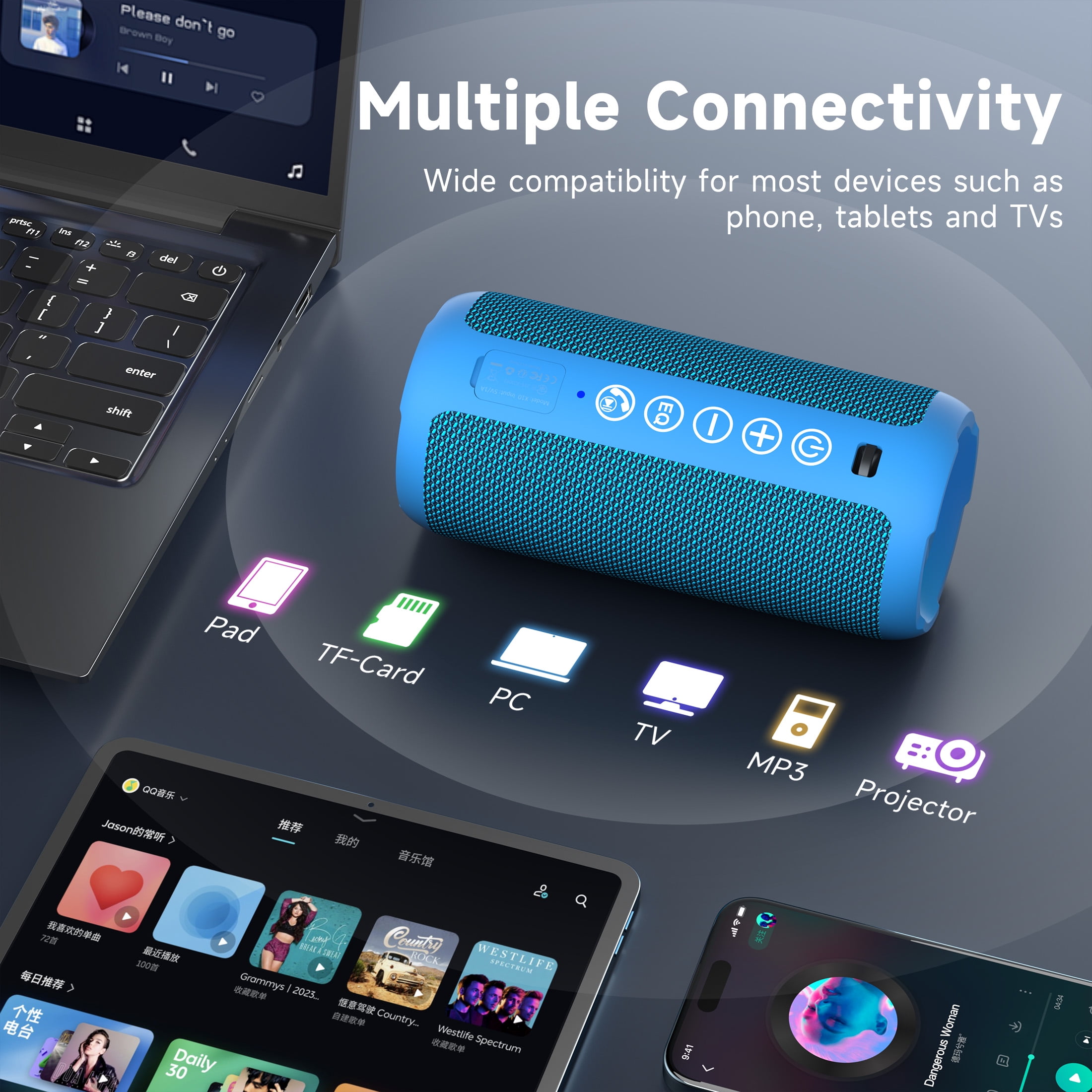 Solorage Portable Bluetooth Speaker IPX7 Waterproof, 24W Loud Sound, Deep Bass, Bluetooth 5.3, 30H Playtime, Wireless Stereo Pairing, LED Lights, for Home/Beach/Party/Outdoors-Blue