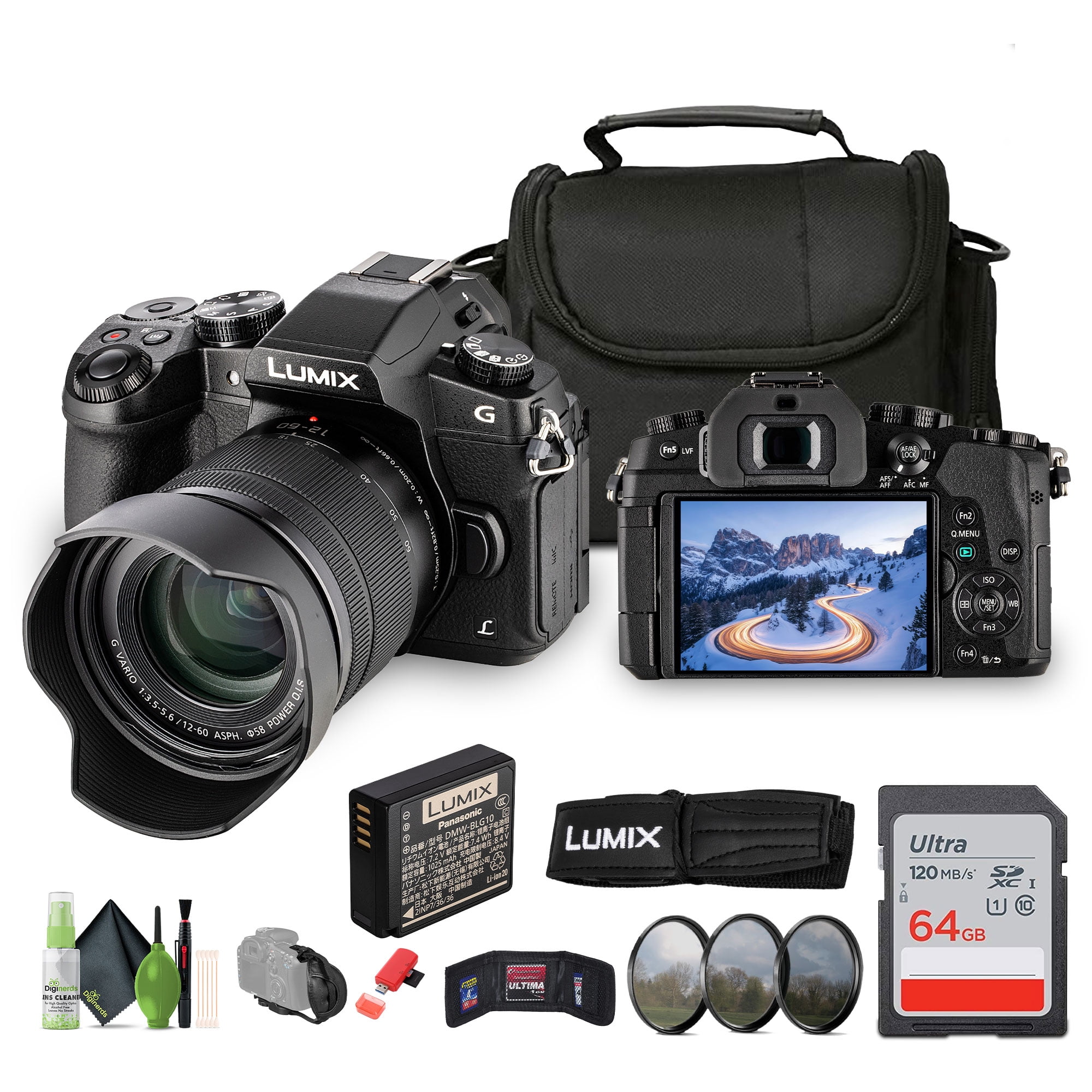Panasonic Lumix G85 Mirrorless Camera with 12-60mm Lens + 64GB Extreme PRO UHS-I SDXC Memory Card + Professional 3 Piece Filter Kit, 58mm + USB Card Reader, SD/microSD + More