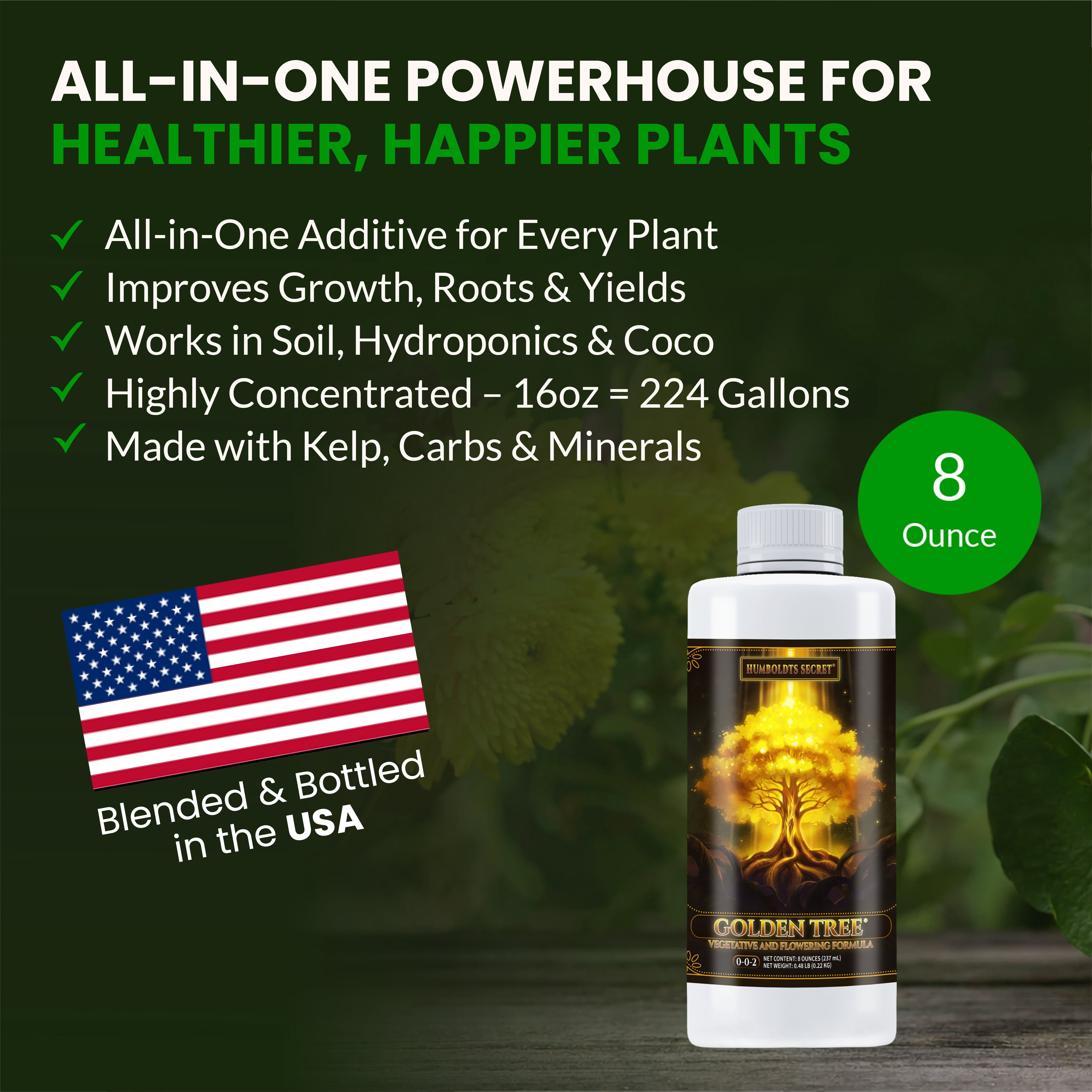 Humboldts Secret Golden Tree Liquid Plant Food | Enhances Growth Indoors or Outdoors | All-in-One Plant Nutrients for Vegetables, Trees, Flowers, Fruits, Roses, Lawns, Tomatoes | 8 Ounce