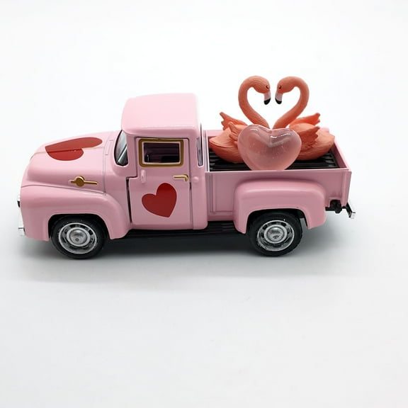 Valentine's Day Metal Truck Decor,Wedding Anniversary Metal Truck with Flamingo Couple and Heart Ornaments,Farmhouse Vintage Pickup Car Decor for Tabletop Centerpiece Home Kitchen