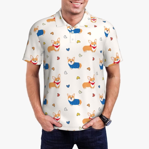 Balery Corgi Dog And Heart Camisa Polo de Hombre con Estampado, de Manga Corta y Tejido Medio, Camisa Tipo Golf Polo-X-Large