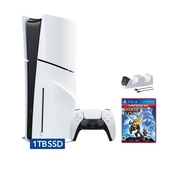 PlayStation 5 Slim Disc Edition Bundle with Ratchet and Clank and C-Gamers Dual-Controller Charger - PS5, White