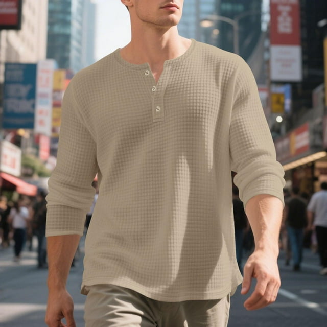 Blusas y camisas de manga larga con cuello redondo y degradado para hombre, blusas casuales con botones y cuello redondo, blusas de poliéster para hombre