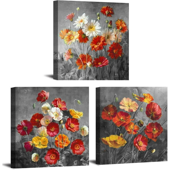 Burnt Orange Wall Decor Floral Canvas Wall Art Red Yellow and Gray Daisy Poppy Flower Posters Bedroom Colorful Wildflower Picture for Living Room Bathroom Modern Artwork Home Decorations 12x12" 3 Pcs