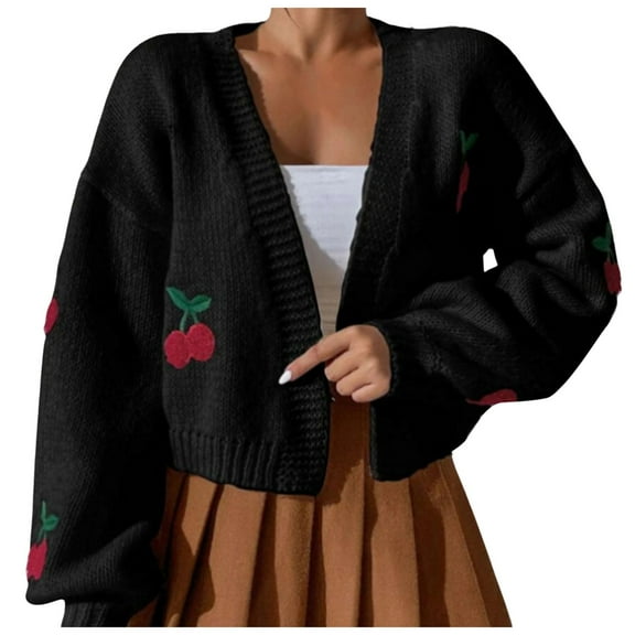 SRZYMJ Women's Cherry Cropped Cardigan Sweaters Open Front Long Sleeve Cute Knit Short Cardigan Trendy