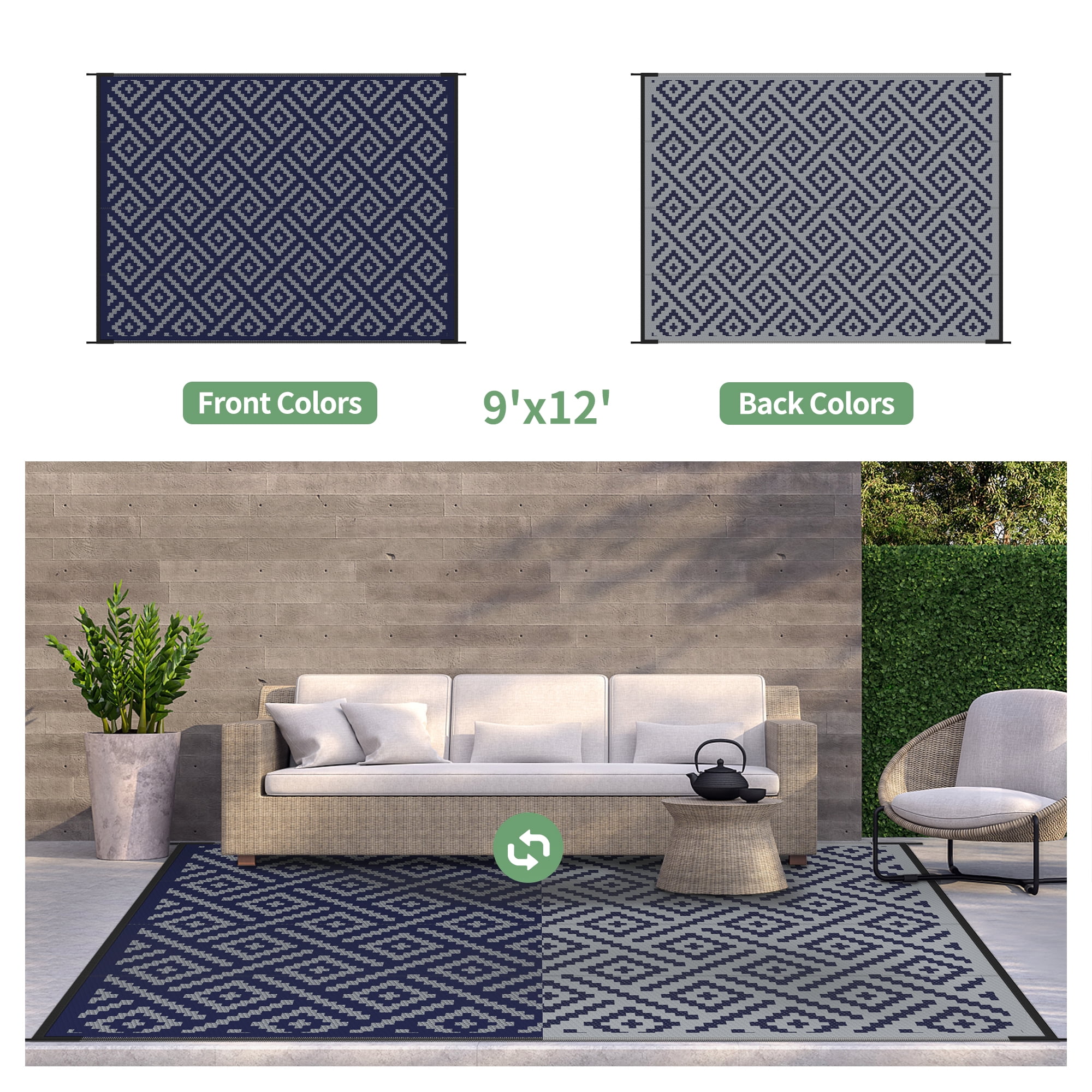 DEORAB Outdoor Rugs Waterproof Plastic Straw Mat 9'x12' Reversible for RV Patio Deck Beach Blue & Grey