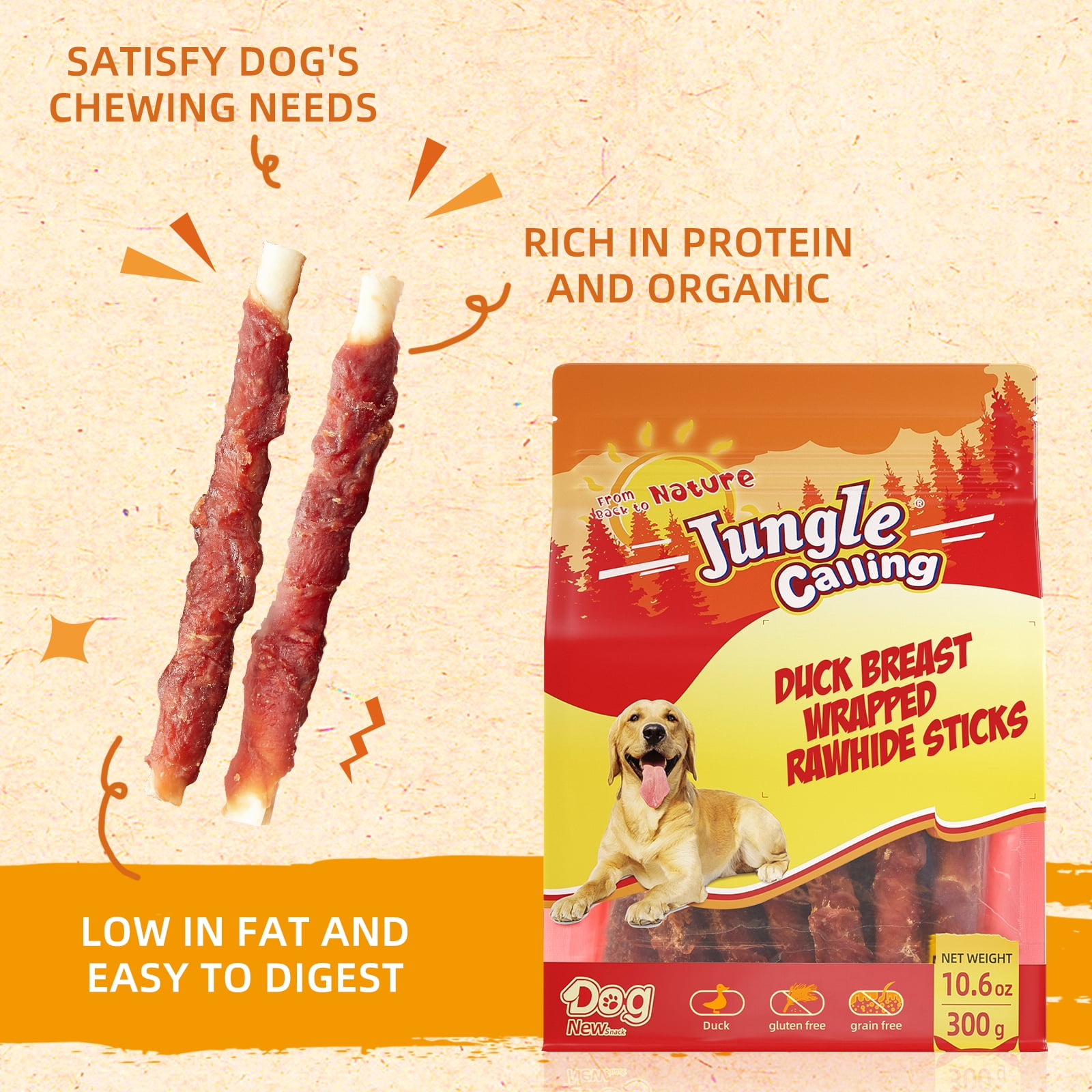 (3 pack) Jungle Calling Dog Treats Duck Wrapped Rawhide Sticks Grain-Free Natural Chewy Treats Puppy Snacks