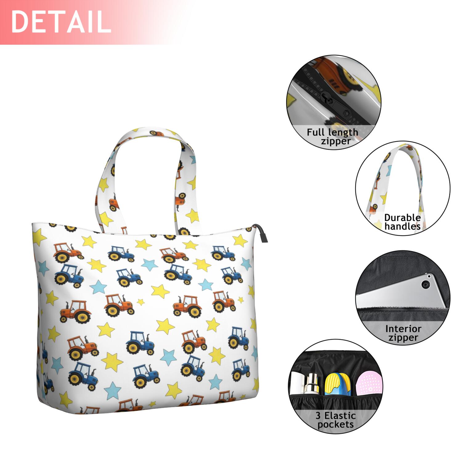Cartoon Tractors Stars White Pattern Travel Tote Bags for Women Carry On,Large Weekender Bags for Women Travel,Multi Functional Duffle Bag for Work,Shopping,Sports