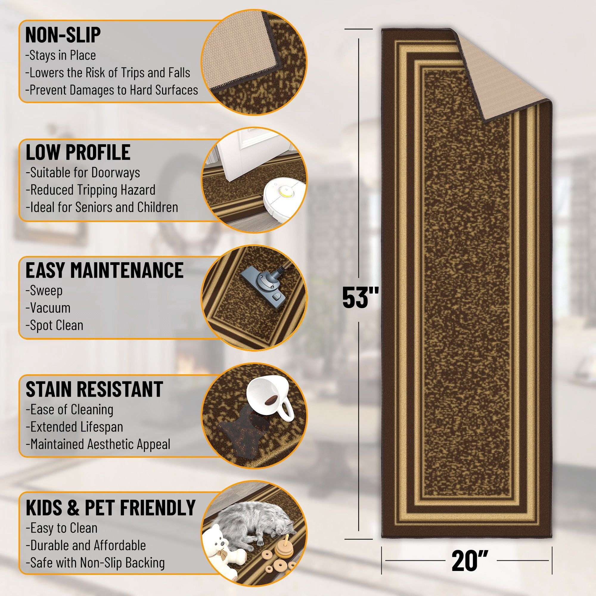 Ottomanson Border Bathroom Runner Rug 20" x 53" - Non Slip Low Pile Carpet, Dark Brown
