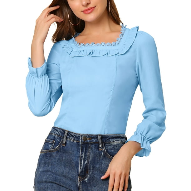 INSPIRAR CHIC Blusa de Chifón Elegante con Volantes y Cuello Cuadrado de Manga Larga M Azul