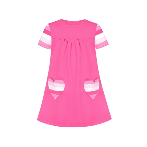 Girls Casual Dress Pink Cotton Short Sleeve Heart Pocket 3 Years