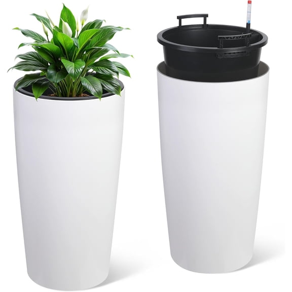 QinaQin 2PC 30 in Tall Planters,Large Outdoor Planters for Front Porch Decor with Drainage Holes＆Water Level Monitor ＆Inner Bucket,Automatic Watering,White