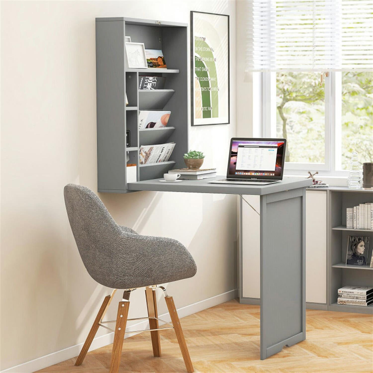 Demi Bonn Wall-Mounted Fold-Out Convertible Floating Desk Space Saver, for Laptops, Books, Tablets, and Art, Gray