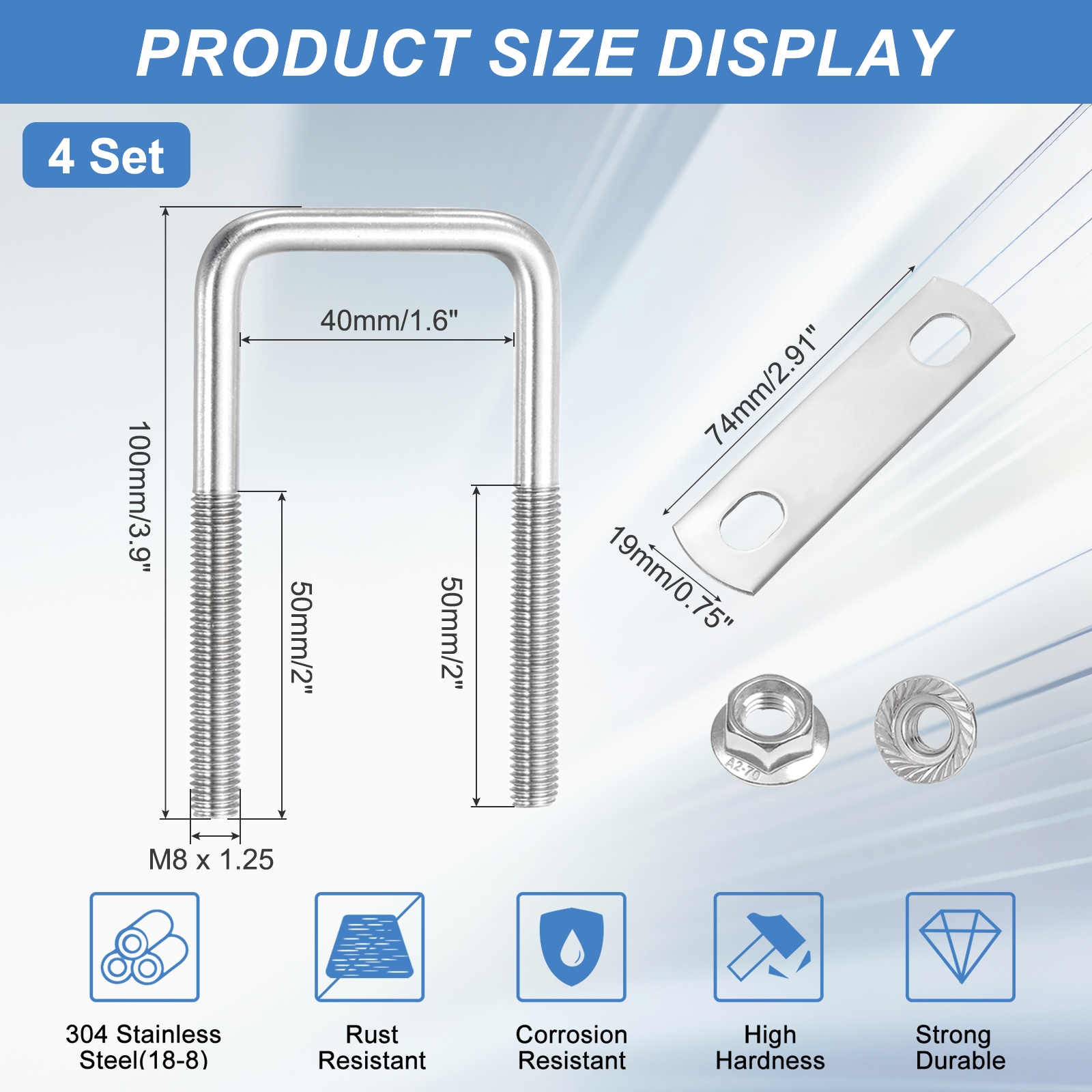 Uxcell 4 Set M8 1-9/16 Inch Inner Wide Square U Bolts, 4 Inch Length 304 Stainless Steel U-Bolts with Flange Hexagon Nuts, Frame Plates for Trailer, Automotive, (40mm W x 100mm L)