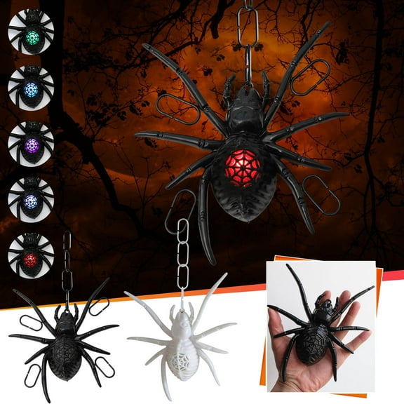 Lighted Halloween Spider Ornaments, Scary Realistic Fake Glowing Spider Hanging Halloween Tree Ornaments Haunted House Prank Prop for Halloween Decorations Indoor Party