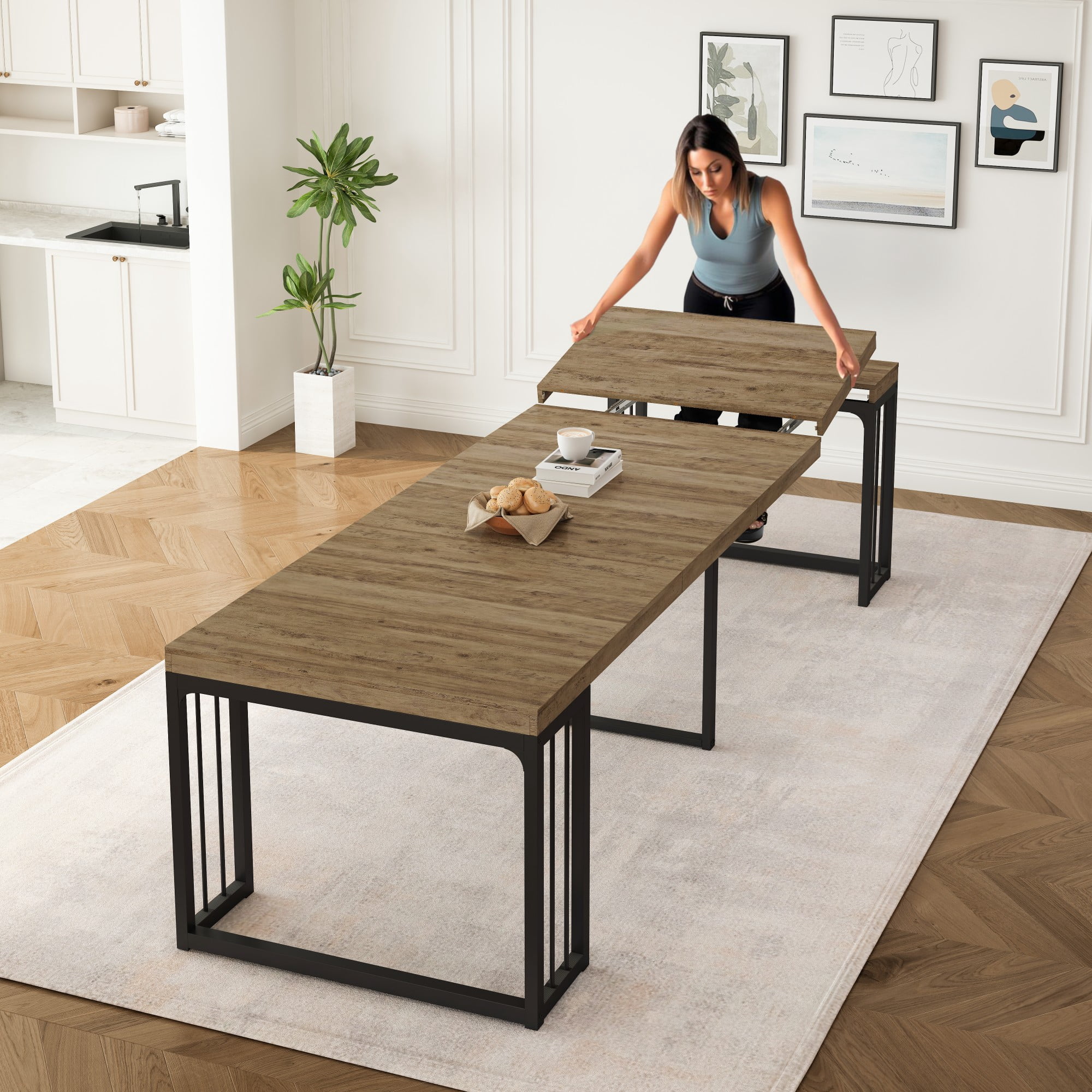 BSHTI 23.62"-118" MDF Extendable Rectangular Dining Table with Metal Base, Wood Grain Top for Kitchen/Dining Room（Ancient Oak）