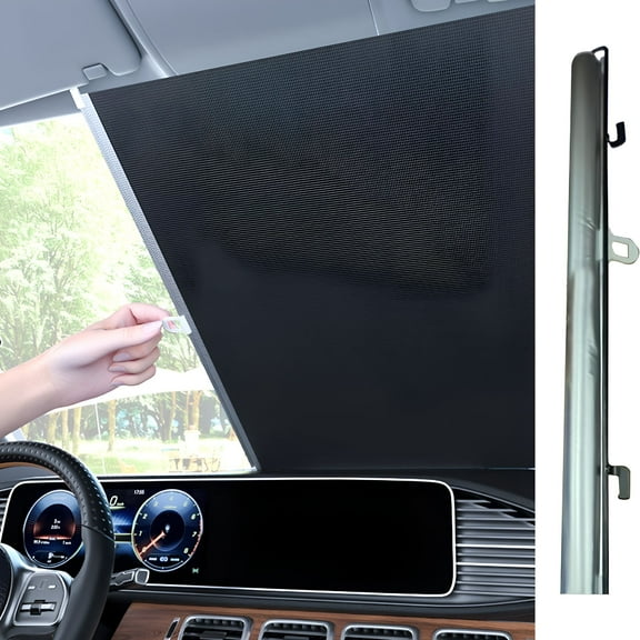 MELIVO Automatic Retractable Car Windshield Sunshade Rolling Shutter UV Protection Heat Insulation Front Rear Window Sun Shield Universal Fit with Suction Cups Easy Install for Cars SUVs