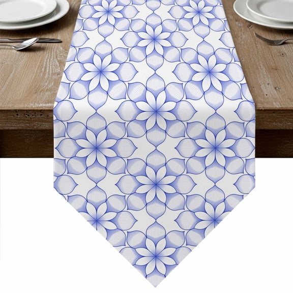 Table Runners 70 Inches Long, Blue Flower Cotton Linen Kitchen Dining Coffee Table Runner for Party Home Decor, Retro Tribal Art Abstract Monochrome Texture Tabletop Dresser Scarves 13x70 Inch