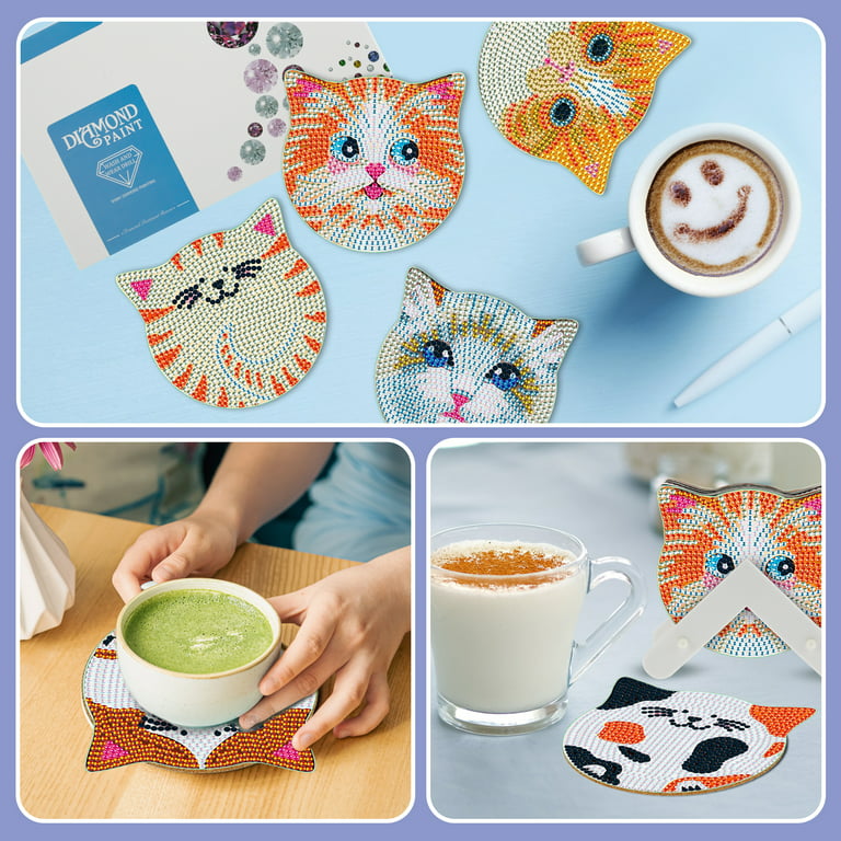 GORWARE Diamond Painting Coasters Kit 6Pcs DIY Cat Coasters
