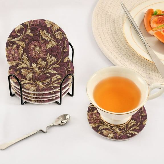 YAZAOO 6Pcs Drink Coasters With Holder 3.94Inch Red Floral Gold Filigree Creative Coil Coaster Coasters Colors Absorbent Coasters for Drinks Coasters Set Thicken Heat for Home Table