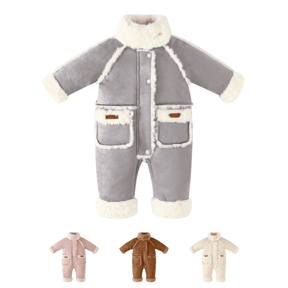 Busydd Baby Rompers 0-2 Years Warm Comfy Long Sleeve Fleece Winter Romper Srand Collar Solid Color Button Zipper Fluffy Jumpsuit