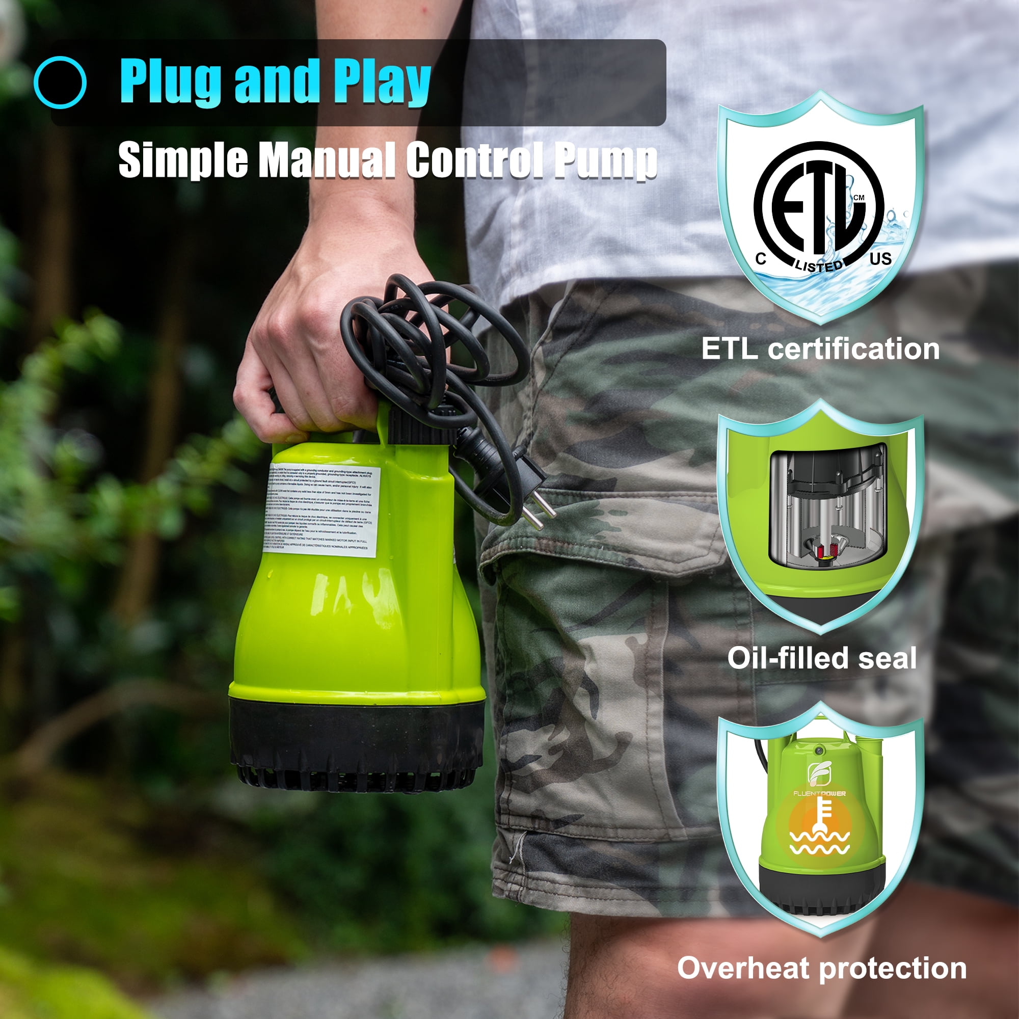 FLUENTPOWER 1/4HP Utility Pump 1900GPH Portable Submersible Sump Pump, Manual Control with 16.4 Ft Cord for Draining Water from Pool Pond Garden Hot Tub Basement Tankless Heater Liquids