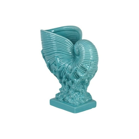 Ceramic Nautilus Seashell On Coral Pedestal Gloss Cyan