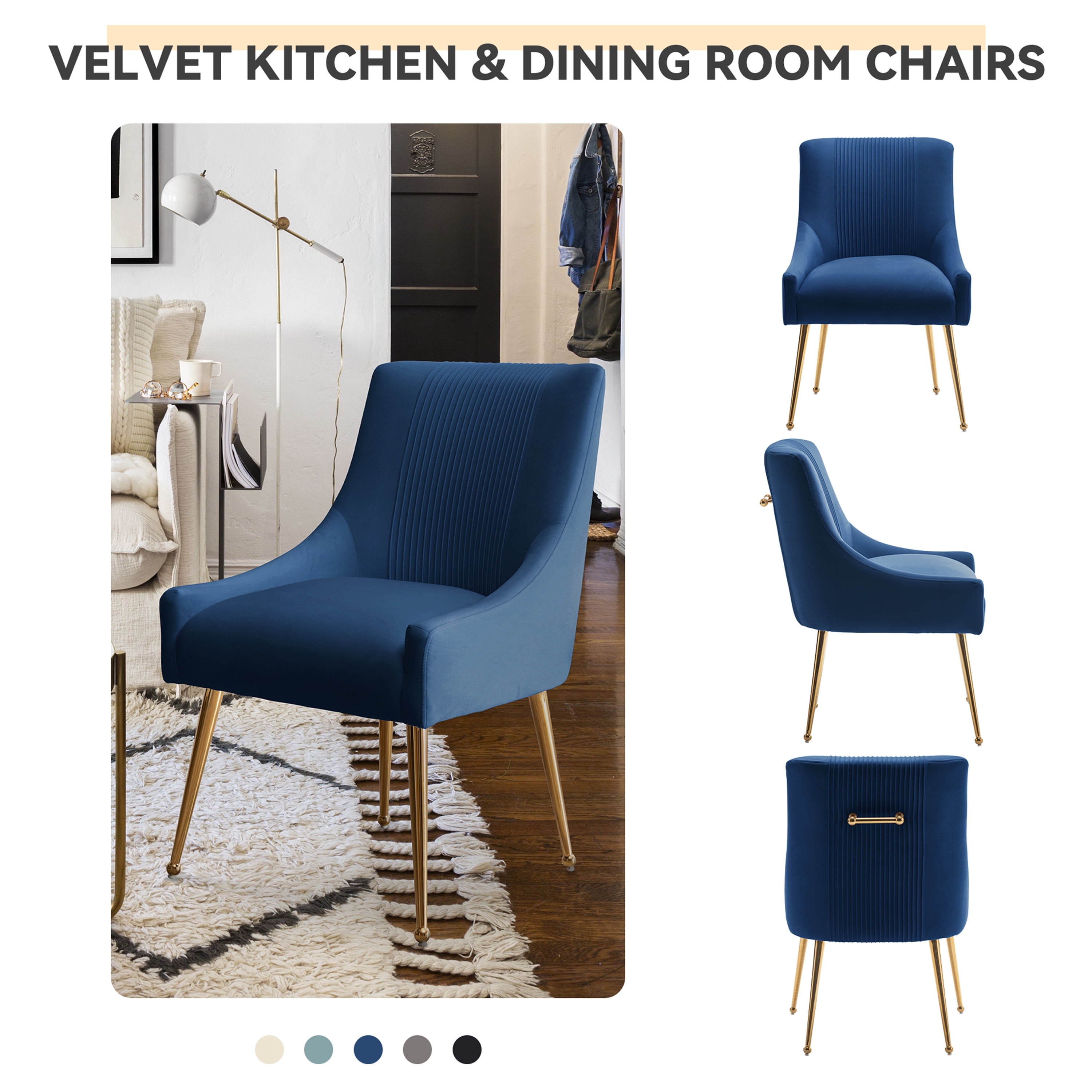 SEYNAR Modern Glam Boucle Pleated Velvet Accent Dining Chair, Set of 6 for Living Room with Rear Handle（Navy）