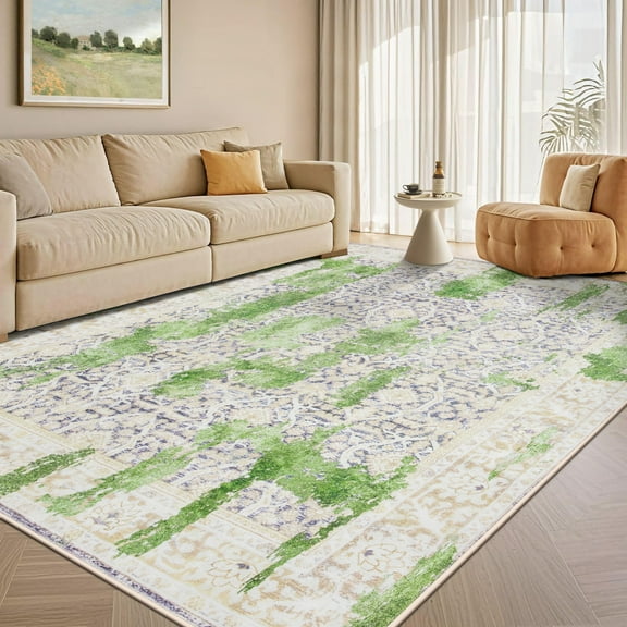 Wondo 4x6 Modern Abstract Area Rugs - Green Low Pile Washable Carpet for Living Room, Bedroom, Nursery, Office, Kitchen - Non-Slip Stain Resistant Soft Rug for Indoor Use
