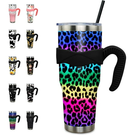 

Xsinufn 40 oz Tumbler with Handle and Straw Leak Proof 40 oz Cup Insulated Stainless Steel Coffee Travel Mug Slim 40oz Rainbow Leopard Tumbler with Handle Leopard Print Stuff Gift for Women