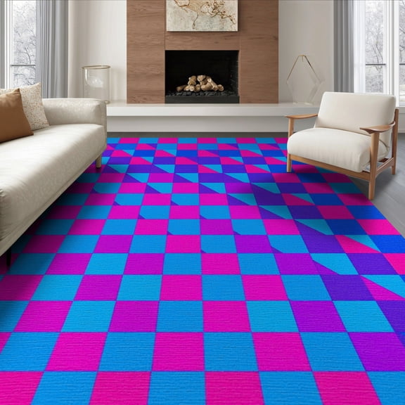 ODIKA 8'x10' Washable Area Rug Ombre Checkered Vibrant Plaid Grid Interlocking Pile Short Contrast for Living Room, Under Sectional, Family , Durable, Non-Slip