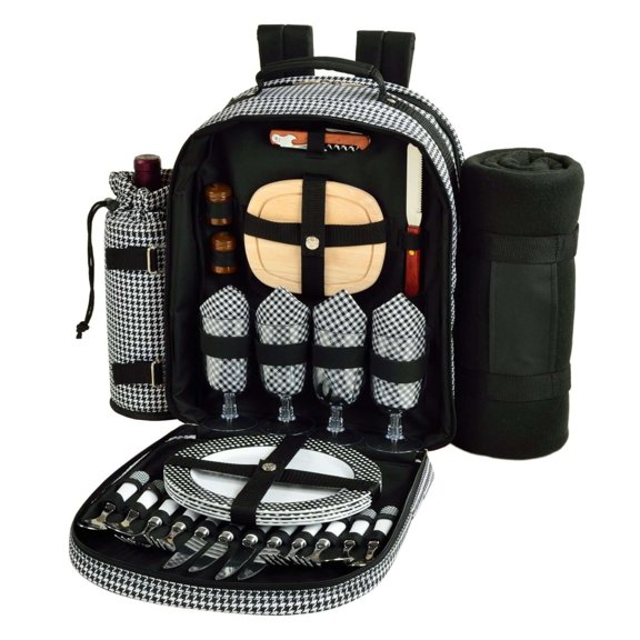 Deluxe Equipped 4 Person Picnic Backpack with Blanket -Houndstooth
