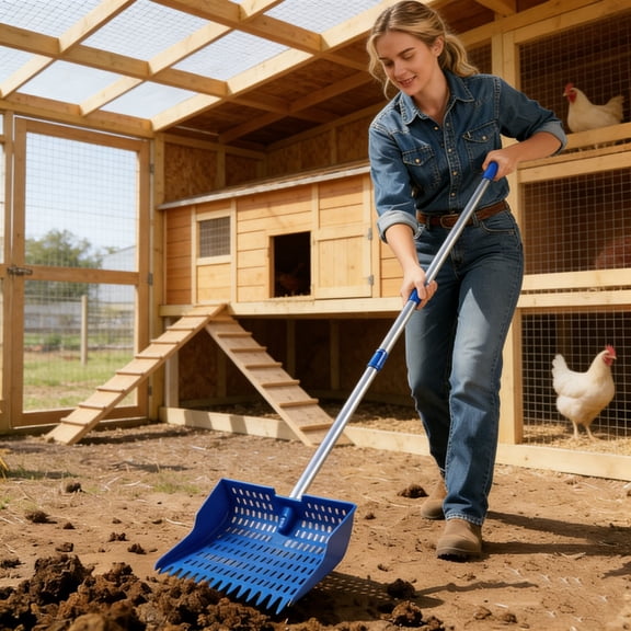Surpdew Adjustable Chicken Poop Scooper, 4-In-1 Sifting Litter Shovel For Chicken Coop, Adjustable Stainless Steel Handle Metal Chicken Poop Scooper Goat Stall, And Stable Cleaning Blue 53.54"