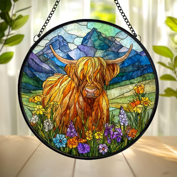 Highland Cow Suncatcher, Stained Glass Style Acrylic Window Hanging, Rustic Farmhouse Animal Decor