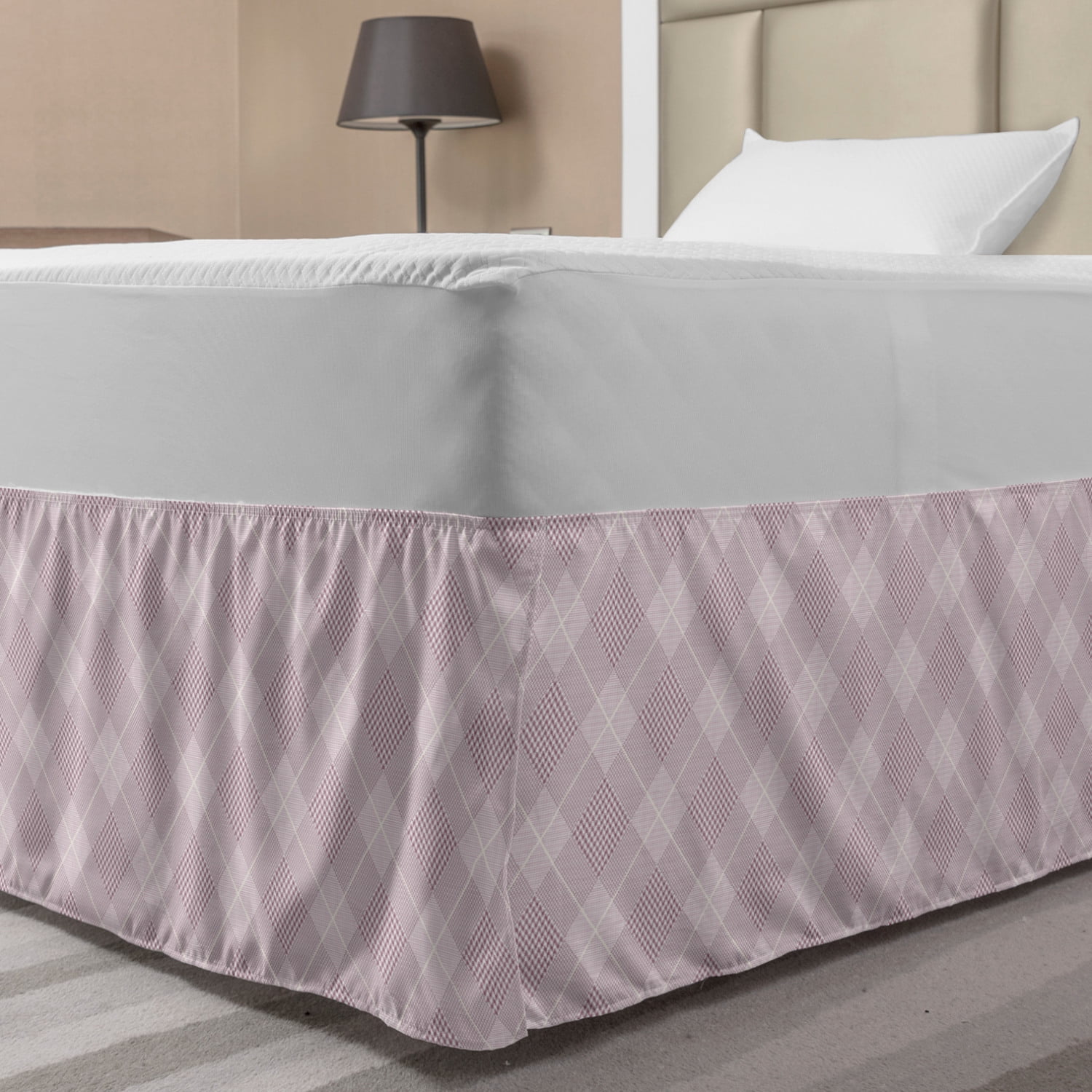 Muted Colors Bed Skirt, Plaid Inspired Squares Print in Delicate Violet