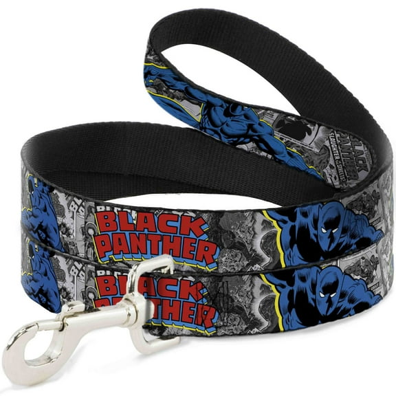 Marvel Comics Pet Leash, Dog Leash, Black Panther Poses Stacked Comics Grays Yellow Blue Red, 4 Feet Long 0.5 Inch Wide