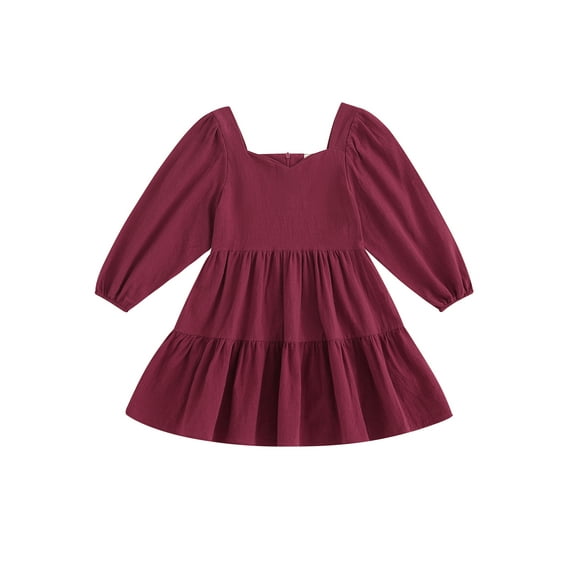 Bagilaanoe Little Girl Fall Dress Solid Color Long Sleeve A-line Princess Dresses 3T 4T 5T 6T 7T 8T Kids Casual Clothes
