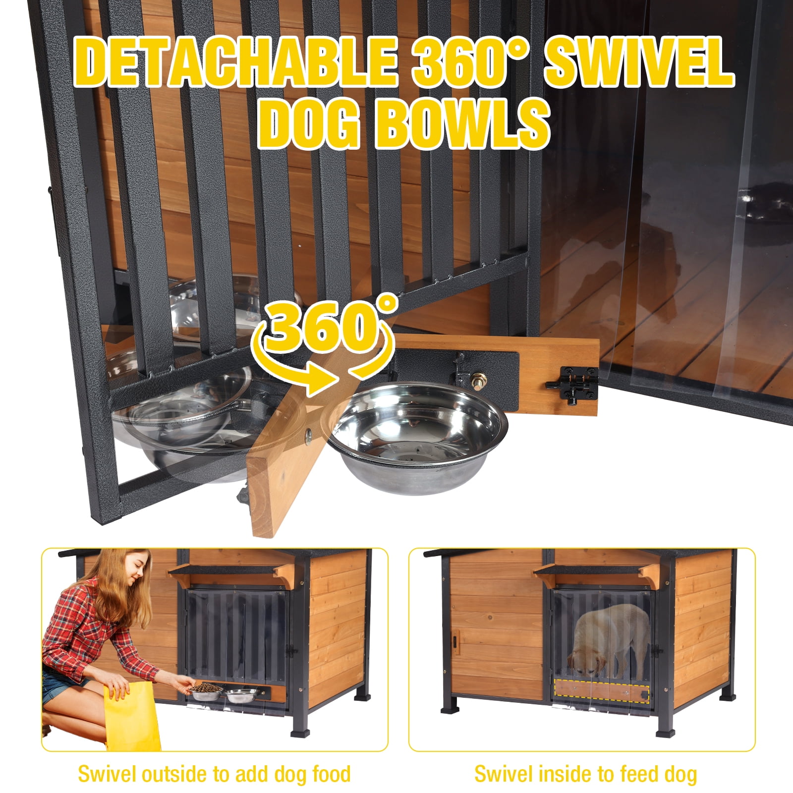 Aivituvin Heated Dog House with Heating Pad & Anti-Chewing Metal Frame, Insulated Wooden Dog Kennel with Unique Design Roof, Weatherproof Dog House for Indoor & Outdoor Use