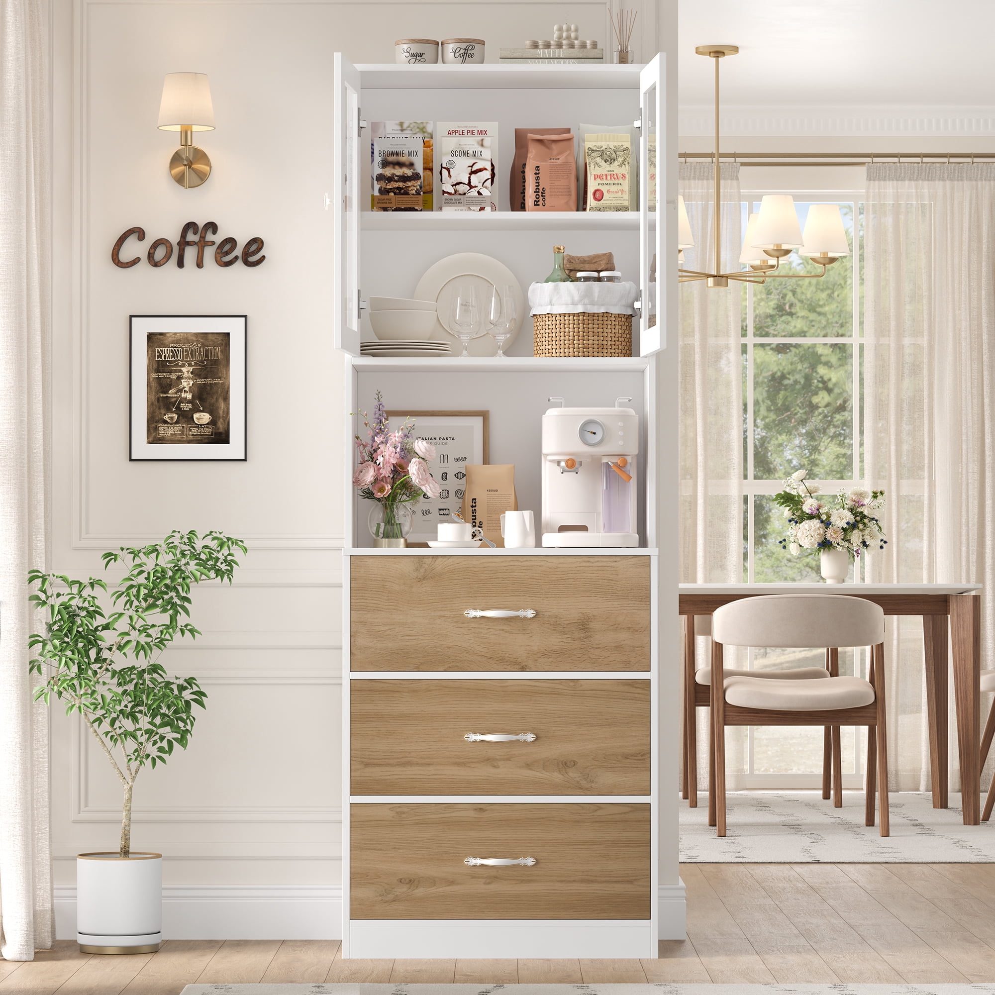 Homfa 71" Tall Kitchen Pantry Cabinet, Freestanding Storage Cupboard with Glass Doors, 3 Drawers & Adjustable Shelves, Modern Coffee Bar Cabinet for Kitchen Dining Room Living Room White Khaki