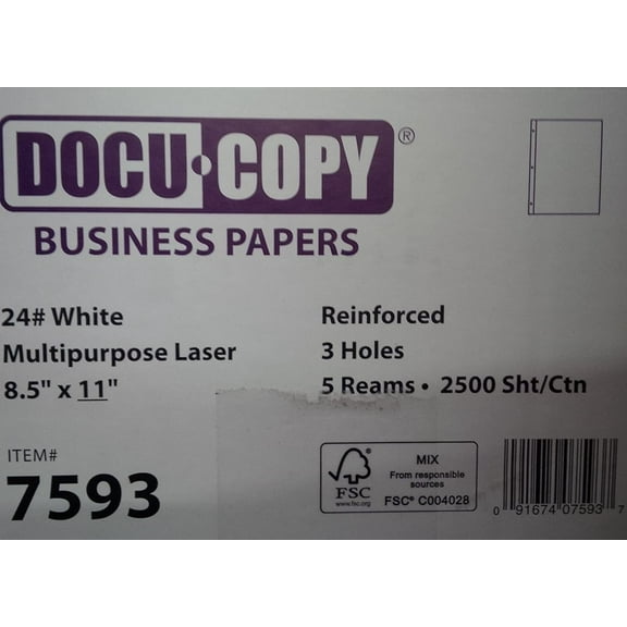 DocuCopy 24lb 8.5" x 11" Reinforced Business Paper 3-Hole - HO7593