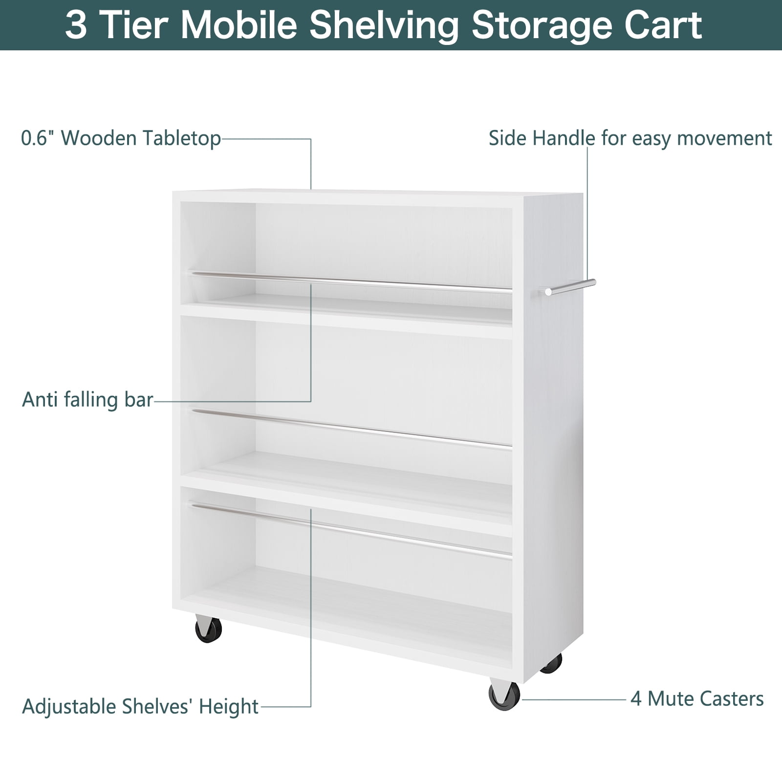 Wonline Modern Slim Storage Rolling Cart with 3-Tier Adjustable Shelving Organizer for Kitchen,Bathroom,Laundry Room(White)